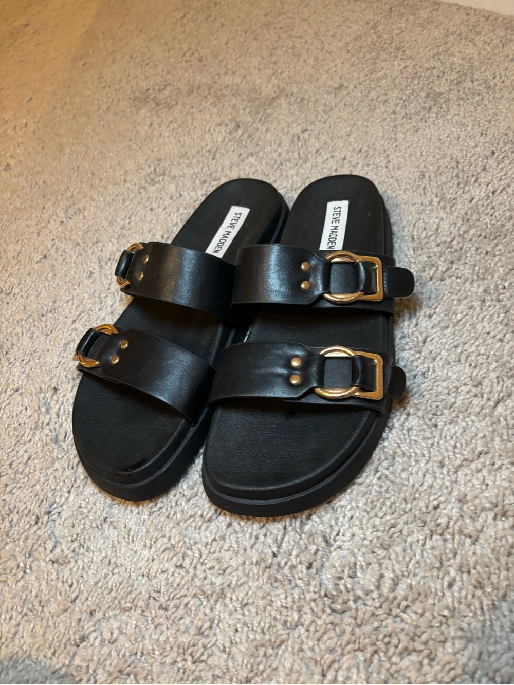 Steve Madden Black Slide Sandals with Gold Buckles